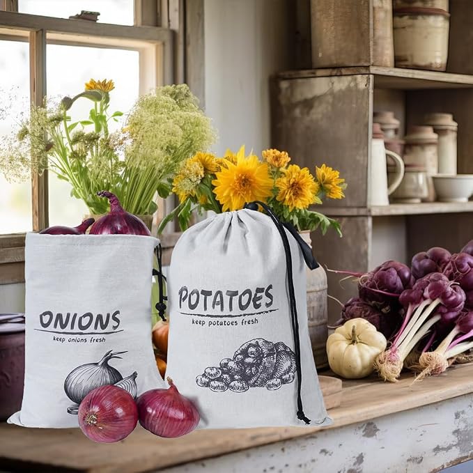 Potato Onion Storage Bag, Reusable Potato and Onion Storage Bag for Pantry, Vegetable Storage Bags with Drawstring Closure, Blackout Liner for Shopping Storage, 2 Packs (Potato Onion Bag)