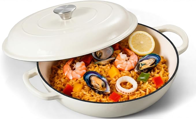 Leonyo 3.6QT Cast Iron Braiser Dutch Oven with Lid, Cream White | Nonstick Enameled Cast Iron Casserole Skillet, Cast Iron Cookware Shallow Dutch Oven with Lid for All Cooktop, Oven Safe
