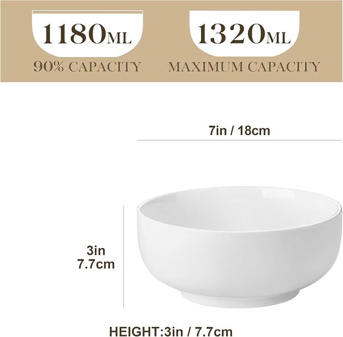 MALACASA Salad Soup Bowls Set of 2, 44 OZ White Ceramic Bowls | Porcelain Bowls for Soup, Cereal, Pasta, Oatmeal, Ramen, Microwave & Dishwasher Safe, Series REGULAR