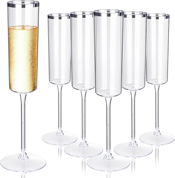 Ciaell 24 Pack Silver Plastic Champagne Flutes for Weddings Birthdays | 6 oz Silver Rim Square Toasting Cups, Heavy Duty Plastic, Champagne Wine Mimosas for Anniversaries Parties Bars
