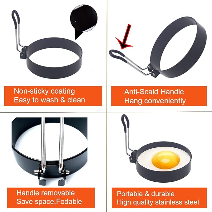 Upgrade 4'' Large Egg Rings Set, 4 Packs Stainless Steel Round Egg Maker Mold, Anti-scalding Grill, 1X Oil Brush & 1X Egg Separator White