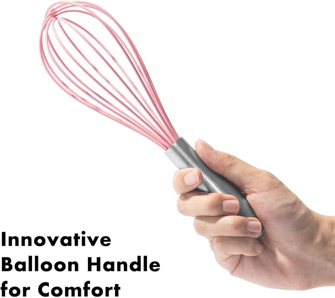 OYV 10-Inch Pink Silicone Whisk, Non-Scratch, 18/10 Stainless Steel Handle | 480°F Heat Resistant, BPA-Free Silicone, Sealed Waterproof Handle, Nonstick-Safe, Dishwasher Safe