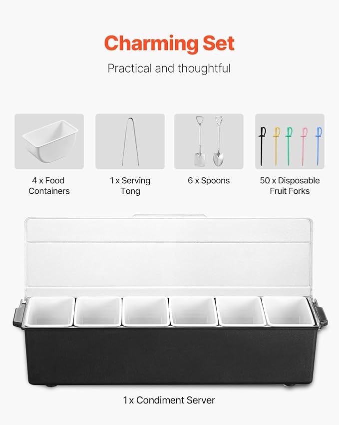 VEVOR Chilled Condiment Server, 6 Compartment Ice Cooled Condiment Serving Container, Chilled Garnish Tray Bar Caddy with Lid, for Bartending & Serving Taco, Salad, Fruit, Home & Restaurant Supplies