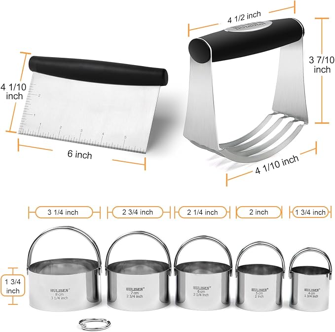 HULISEN 5-Pc Biscuit Cutters, Pastry Scraper, Dough Blender, Silicone Mat | Stainless Steel, Dishwasher Safe, Etched inch/cm Markings, Gift Package, Ergonomic Rubber Grip, Professional Baking Tools
