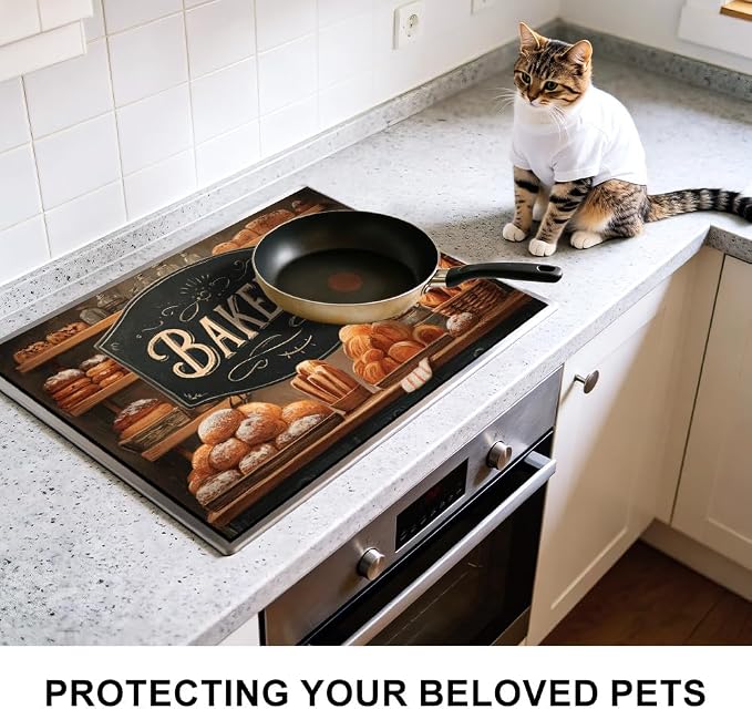Rustic Bakery Stove Top Cover for Electric Stove, 28x20 In Mat | Heat-resistant non-slip mat holds hot cookware; glass cooktop protector, dish drying; farmhouse bread kitchen decor