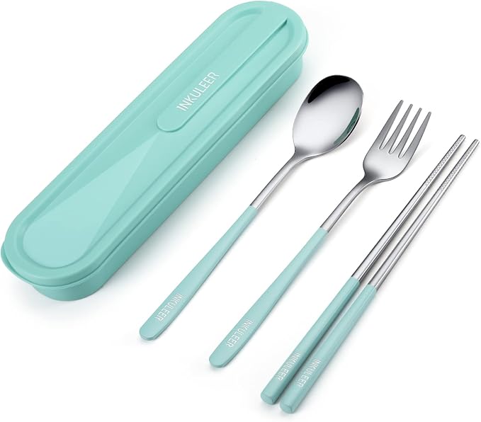 iNKULEER Travel cutlery set, 18/8 stainless steel cutlery, Reusable utensils set with case, Portable Silverware Lunch Box for Camping and Office (Blue)