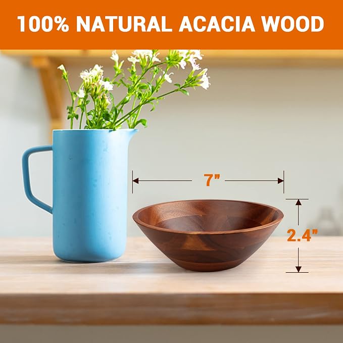 AIDEA Acacia Wooden Serving Bowls, 7 Inch Set of 4 for Salad, Soup, Noodle and More