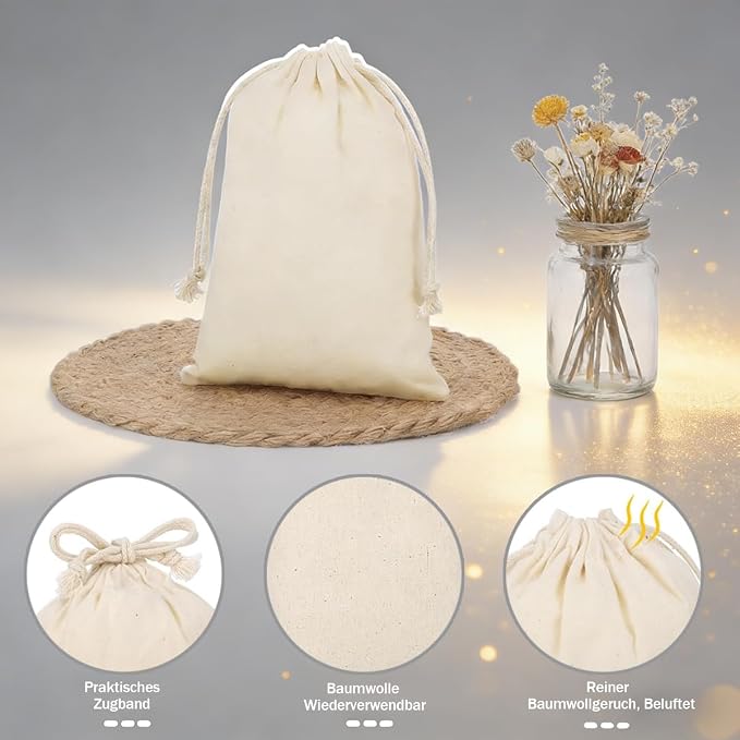 10-Pack 7.8” x 9.5” Reusable Muslin Bags with Drawstrings, Muslin Bags with Drawstrings for Shopping & Storage, 100% Natural Cotton, Washable, Biodegradable