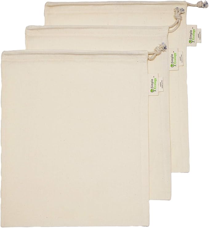 Reusable Grocery Produce Shopping and Storage Bags, Organic Cotton Muslin, Medium 3 pack