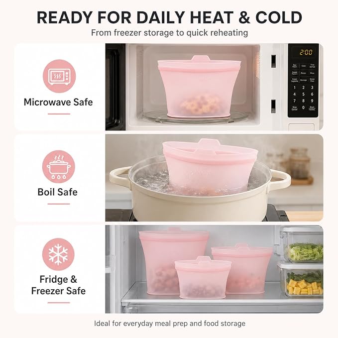 Reusable Silicone Food Storage Bags, 3 Pack 17/34/50 oz, Snack & Meal Prep(Pink)