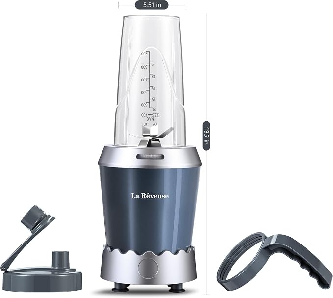 La Reveuse Personal Blender 1000Watts, (1) 24oz To-Go Cup, Gray, LARB2305 | Push to Blend for Frozen Shakes, Smoothies &Food Prep, 6-Leaf Blade, BPA-free Bottle with Portable Spout Lid, Dishwasher Safe