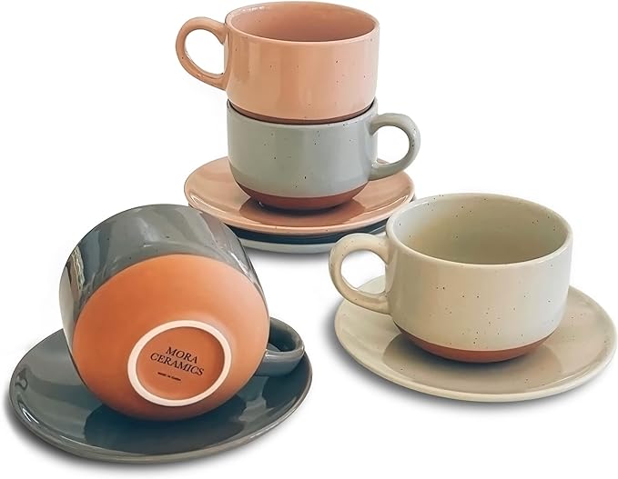 Mora Ceramics 8oz Cappuccino Mug Set of 4 - Ceramic Coffee Cups with Saucers - Microwave and Dishwasher Safe, Perfect For Tea, Espresso, Latte - Porcelain Mugs for Kitchen or Cafe - Assorted Neutrals