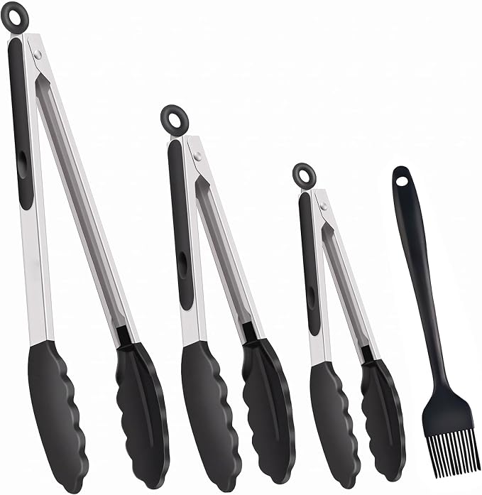 Kitchen Tongs for Cooking, Set of 4 with Oil Brush (7" 9" 12"), Heat Resistant 572°F Stainless Steel, Heavy Duty Metal Locking Tongs with Silicone Tips, Black, BBQ Grilling Dishwasher Safe