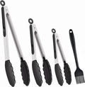 Kitchen Tongs for Cooking, Set of 4 with Oil Brush (7" 9" 12"), Heat Resistant 572°F Stainless Steel, Heavy Duty Metal Locking Tongs with Silicone Tips, Black, BBQ Grilling Dishwasher Safe