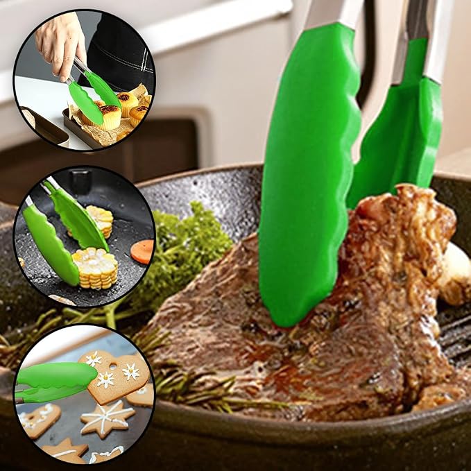 7 Inch Small Serving Tongs with Silicone Tips 3 Pack(Green) | Stainless Steel Handle, Non-Scratch, Heat Resistant