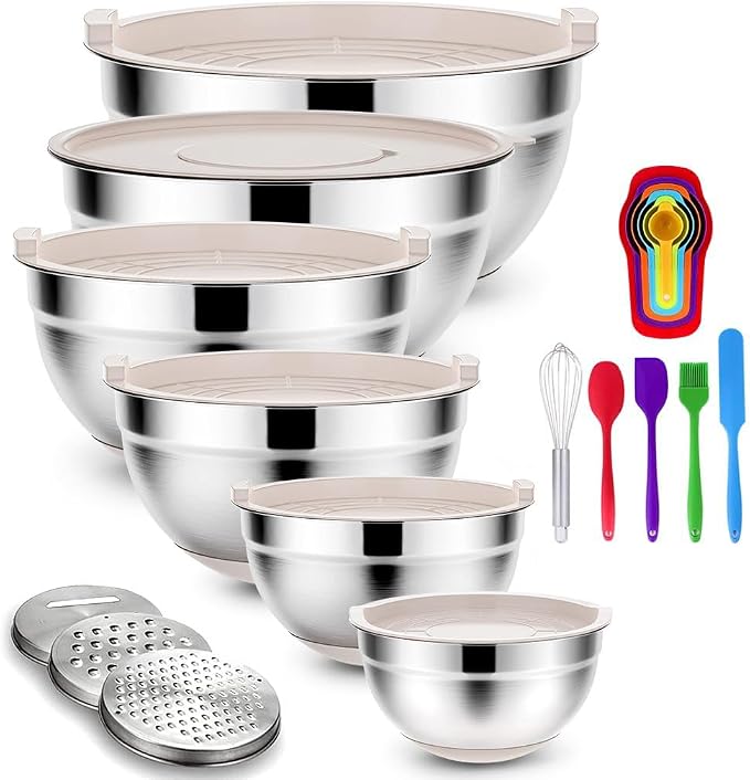 Rottay 20PCS Stainless Steel Mixing Bowls with Airtight Lids Set | Includes 3 Grater Attachments and Non-Slip Bottoms with Size 7, 4, 3, 2, 1.5, 1QT Nesting Bowls for Baking, Meal Prep