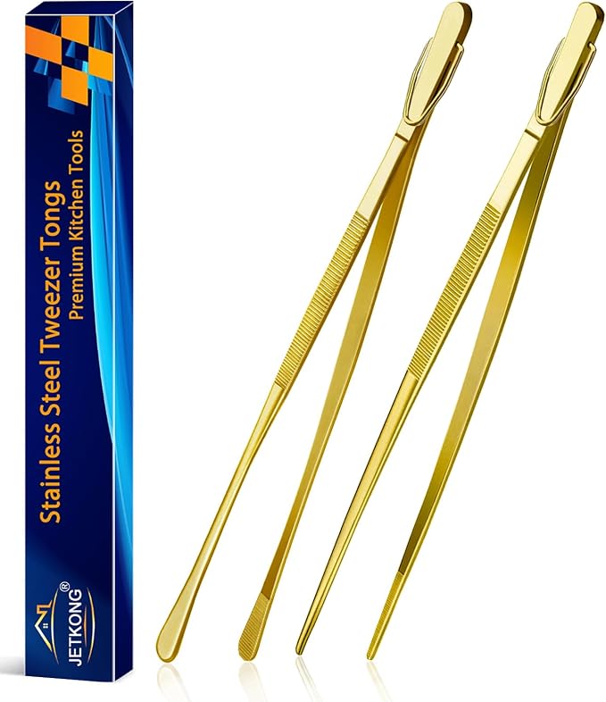 JETKONG 2 Pcs 12-Inch Cooking Tweezers Stainless Steel Food Tweezers Kitchen Tweezer Tongs (Gold)