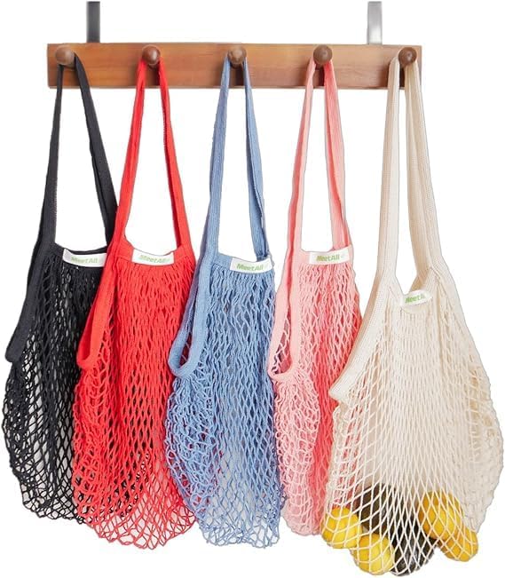 meetall Mesh Grocery Bags, Reusable Tote Bags with Sturdy Long Handles, Washable Eco Friendly Cotton String Net, for Shopping & Produce Storage, 5 Pack 5 Colors (Off White/Pink/Blue/Red/Black)