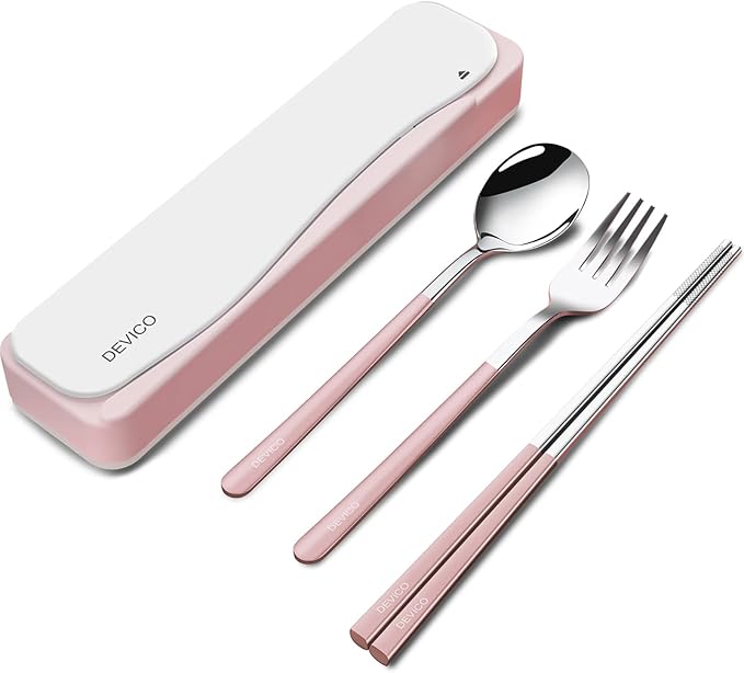 DEVICO Travel Utensils with Case, 4Pcs Portable Silverware Set for Work, 18/8 Stainless Steel Reusable Cutlery, Korean Spoon and Chopsticks Fork for Camping, School, Lunch Box Accessories (Pink)