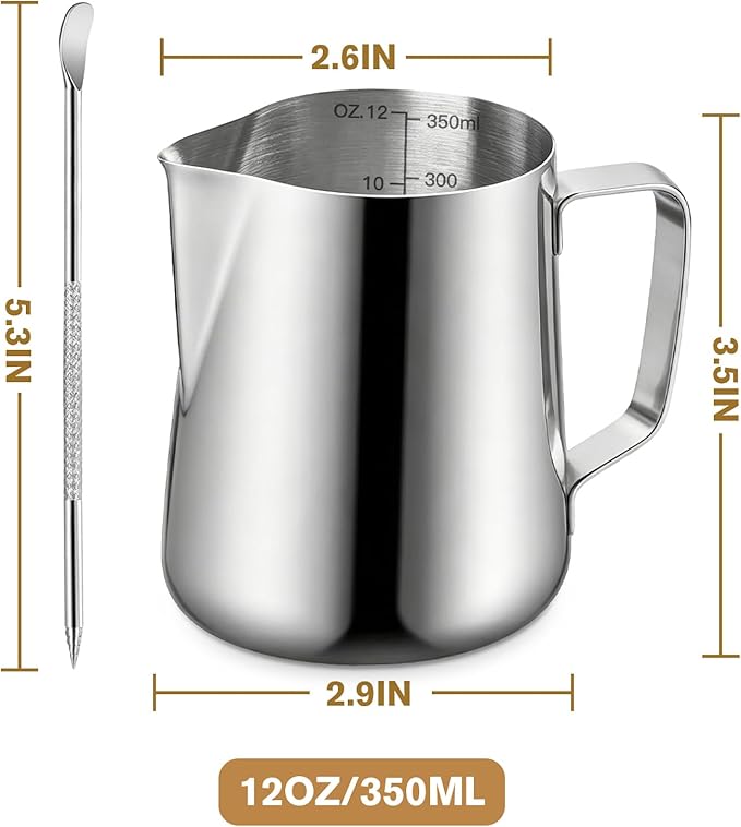 Milk Frothing Pitcher, 350ml/12oz Milk Frother Cup Stainless Steel Jug Steaming Pitcher, Milk Coffee Cappuccino Latte Art Barista Steam Pitchers Milk Jug Cup with Decorating Pen