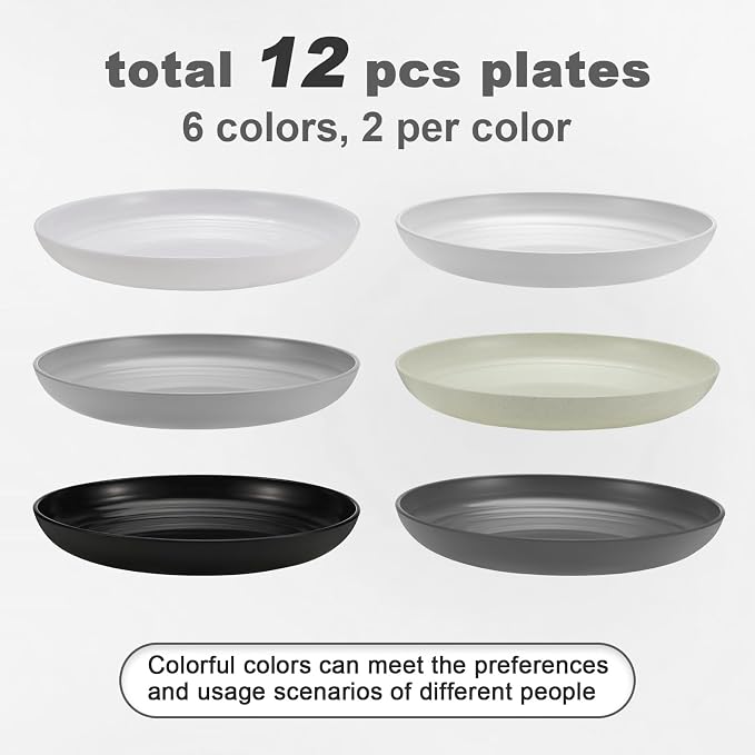 HEYCOME 12 Pcs Unbreakable Deep Dessert Plates Set, 8 inch Reusable Plastic Wheat Straw Plates, Microwave and Dishwasher Safe Plate for Kitchen, Lightweight Plate for Dessert, BPA Free, 6 Colors