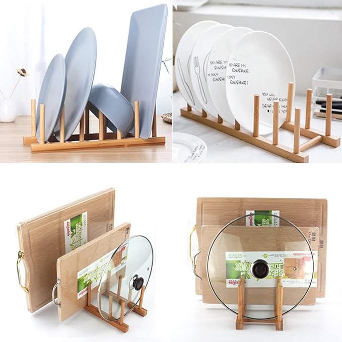 Bamboo Wooden Plate Racks Dish display Holder Kitchen Storage, Pack of 2 | Cabinet Organizer for Dish / Plate / Bowl / Cup / Pot Lid / Cutting Board/ Book (vertical)