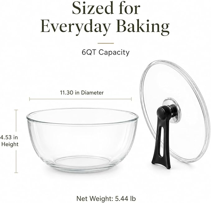 Large Glass Bowl for Sourdough Bread Making 6 QT Glass Mixing Bowl with Lid and Black Stand-Up Handle, Clear Sourdough Bread Proofing Bowl with Cover, Ideal for Baking, Meal Prep and Kitchen Storage