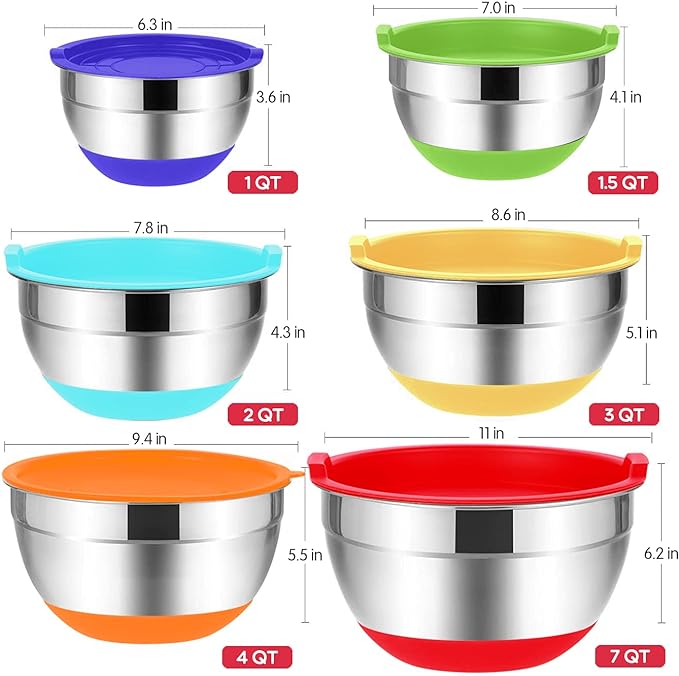 Rottay 20PCS Stainless Steel Mixing Bowls with Airtight Lids Set | Includes 3 Grater Attachments and Non-Slip Bottoms with Size 7, 4, 3, 2, 1.5, 1QT Nesting Bowls for Baking, Meal Prep