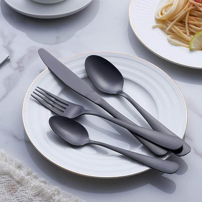 GoGeiLi Matte Black Silverware Set, 24-Piece Stainless Steel Satin Finish Flatware Cutlery Set, Service for 6, Dishwasher Safe