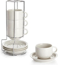 Sweese Porcelain Cappuccino Cups Set - 8 oz Stackable Coffee Mugs with Saucers, Metal Stand, Dove Grey, Set of 4