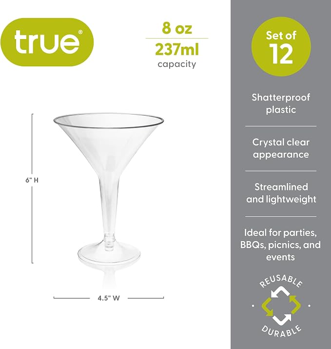 True Party Disposable Plastic Martini Glasses - Stemmed Clear Cocktail Cups for Outdoors, Parties - 8oz Set of 12