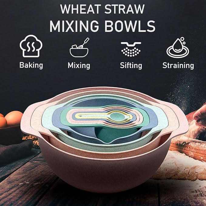 Mixing Bowls, Nesting Baking Bowls with Colander & Fine Mesh (Wheat-10PCS) | BPA-Free, Lightweight, Impact-Resistant, Rinse, Drain, Measure, Repeat, Colorful — Without the Risk.