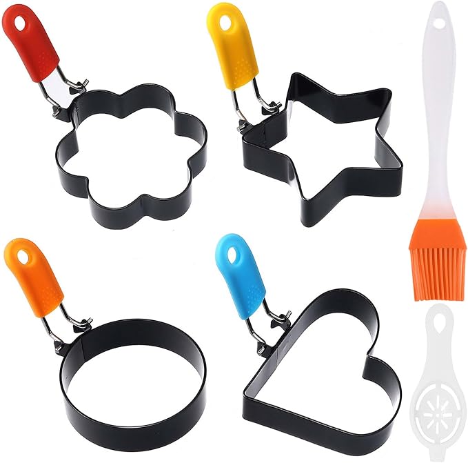 4 Pcs DelloidMaz Nonstick Stainless Steel Egg Rings of Different Shapes with 1 Oil Brush & 1 Egg Separator, Egg Molds Great for Frying and Shaping of Muffins, Pancakes, Sandwiches (4 shapes)