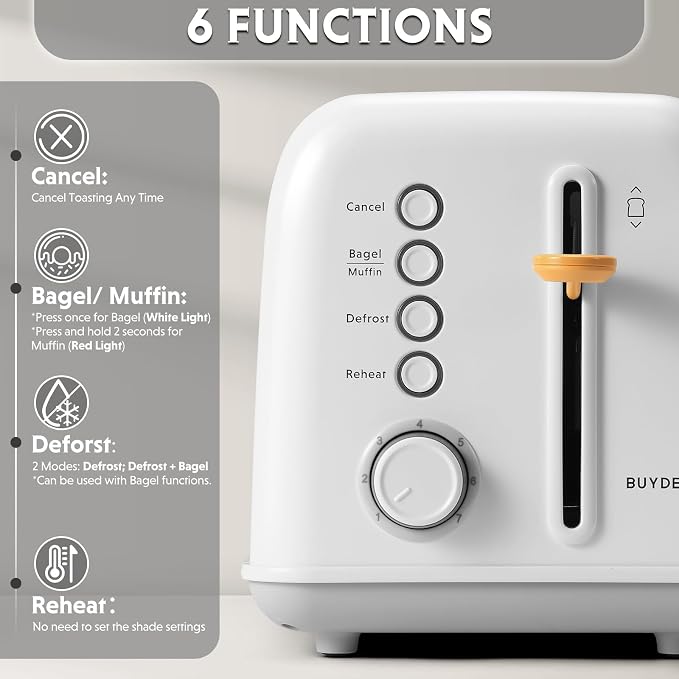 BUYDEEM DT620 2-Slice Toaster, 7 Shade Settings, Extra Wide 1.5'' Slots for Bagel & English Muffin, 6 Toasting Functions, Retro Stainless Steel Toaster with High Lift Lever, Arctic White