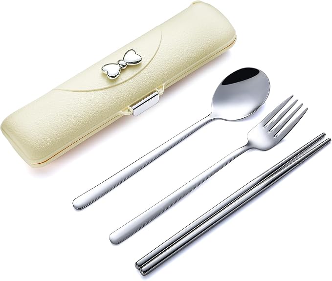 DEVICO Travel Silverware Set with Case,Portable Lunch Utensils Set for Work | 4Pcs 18/8 Stainless Steel Travel Cutlery Set, Fork and Spoon Set for Camping/School/Lunch Box, Dishwasher Safe, Light Yellow