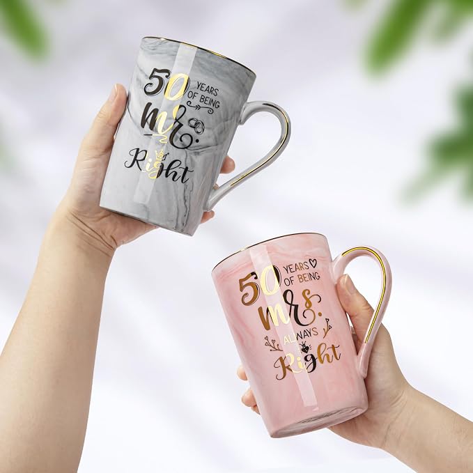 50th Wedding Anniversary for Couples, Gifts for Golden 50th Anniversary | 14Oz Ceramic Marble 50 Year Coffee Mug Set Gift for Parents Grandparents, with Real Gold Foil, Greeting Card, Gift Box