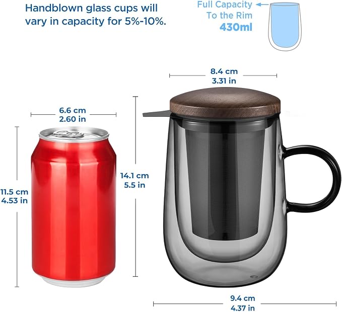 Tea Infuser Mug 14.5oz Glass Tea Cup with Removable Stainless Steel Infuser and Lid, Double-walled Black Glass Tea Cup Teacup for Loose Leaf Tea, Birthday for Parents Dad Mum Friends Office
