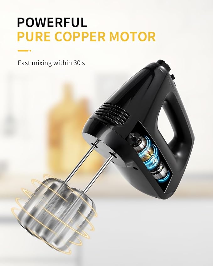 SHARDOR Hand Mixer Electric, 6 Speed & Turbo Mixer Electric Handheld, Snap-On Storage Case,5 Stainless Steel Accessories for Whipping, Mixing Cookies, Brownie, Cakes, Dough Batters (Black)