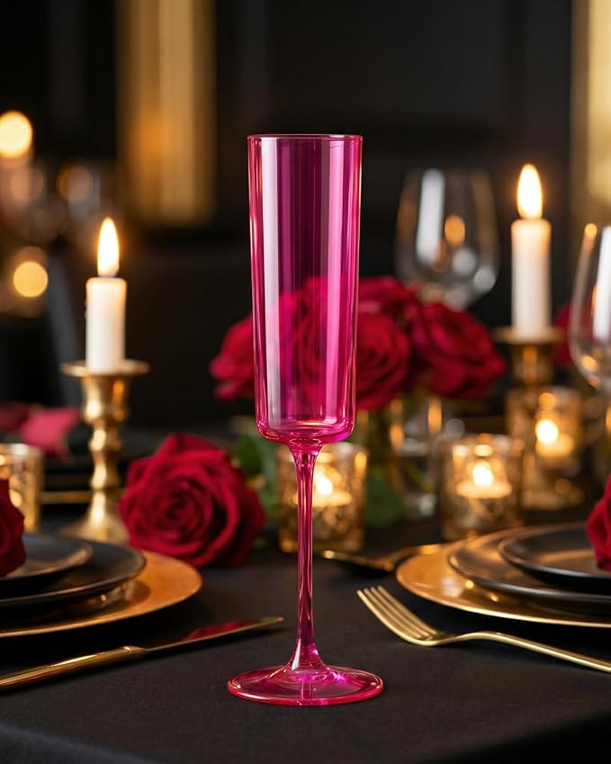 Ciaell 24 Pack Hot Pink Plastic Champagne Flutes for Weddings Birthdays | 6 oz Hot Pink Square Toasting Cups, Heavy Duty Plastic, Champagne Wine Cocktails Mimosas for Anniversaries Parties Bars