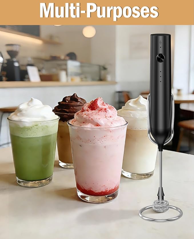 Rechargeable Milk Frother Handheld, hand mixer, Coffee Frother Handheld | Electric Frother Whisk with 3 Speeds, Portable Hand Drink Mixer with 2 Heads for Coffee, Lattes, Cappuccino, Eggs (Black)