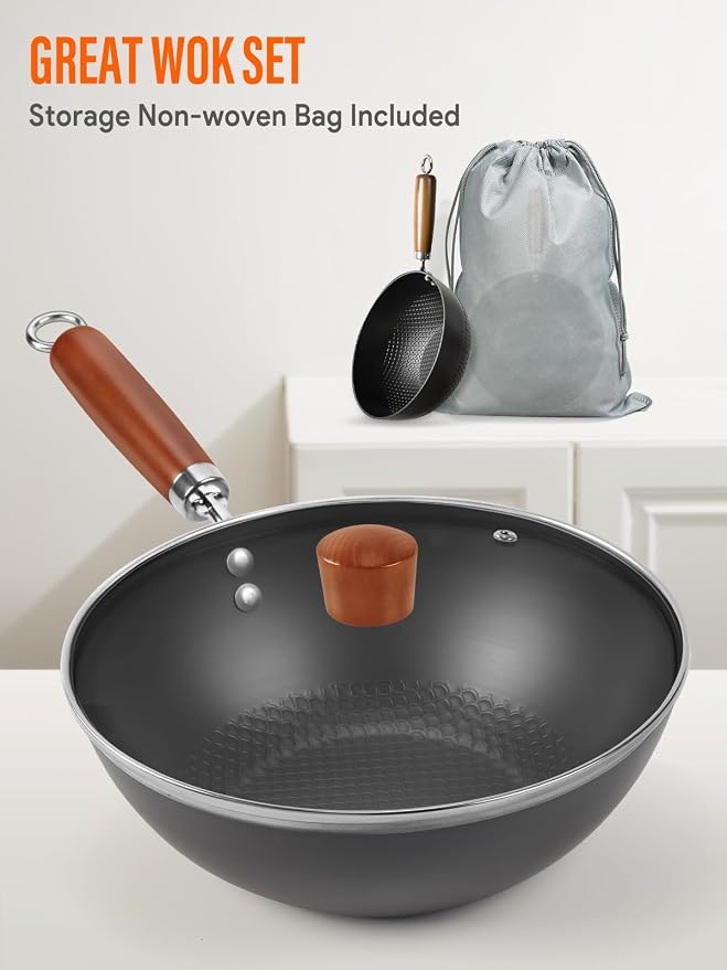 Carbon Steel Wok Pan, Flat Bottom Small Wok | Authentic Chinese Stir-Fry Pans Set with Glass Lid, 1.65lb Lightweight, Small Wok for 1-2 Servings. Wok with Lid