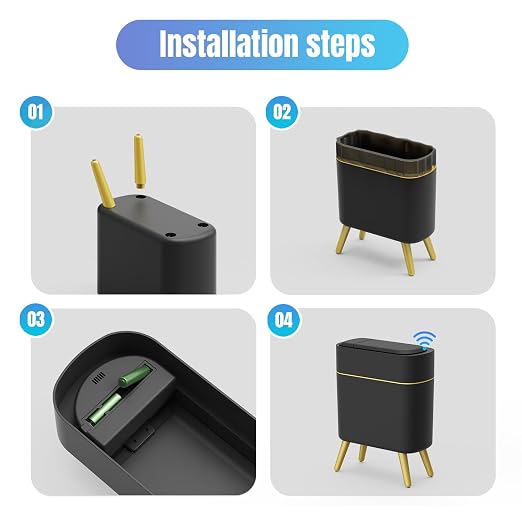 Yatmung Bathroom Trash Can Automatic Touchless - Modern Smart Trash Bin | Narrow Waste Basket for Bedroom, Laundry Room, Office, Plastic - Motion Sensor Garbage Can with Lid - Black with Gold Edge