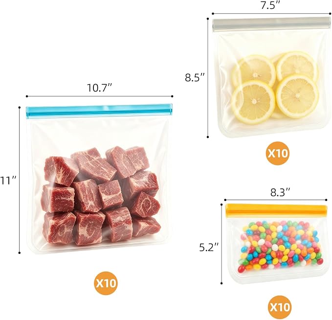 30 PCS Reusable Freezer Bags Washable, BPA Free Leakproof Food Storage Bags for Fruit, Meal Prep, Freezing Meat- 10 Gallon 10 Sandwich 10 Snack