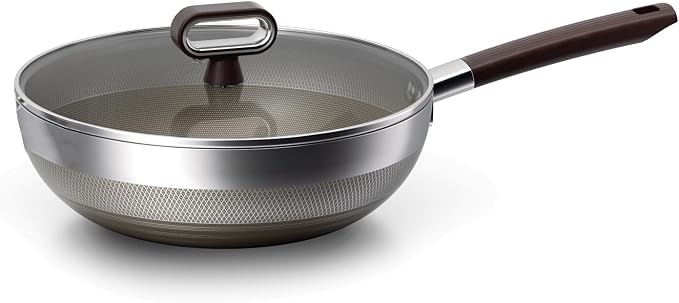 Titanium Wok Pan, 13 Inch Wok with Lid, Non Stick Stainless Steel Woks & Stir-fry pans, PFOA/PFAS/PTFE Free, Dishwasher Safe, Home Use For All Stoves,13Inch
