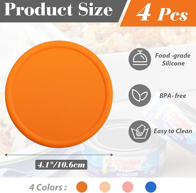 4 Inch Silicone Tuna Can Lids for Bumble Bee, 4 Pack Reusable Can Cover Topper for Chicken of the Sea, Silicone Can Lids for DINTY MOORE Stew Can 15oz or DON FRANCISCO'S coffee Can 12oz