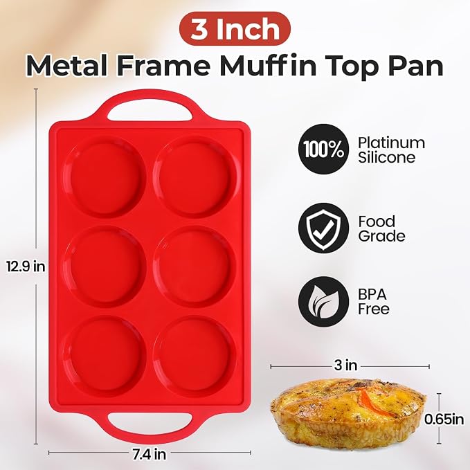 Silicone Egg Molds, 3 Inch Muffin Top Pans Non Stick with Metal Framed, Baking Pan for Breakfast Sandwiches, English Muffins, Whoopie Pies, Corn Bread, Egg Bites, Hamburger Bun, Tarts 2 Pack Red