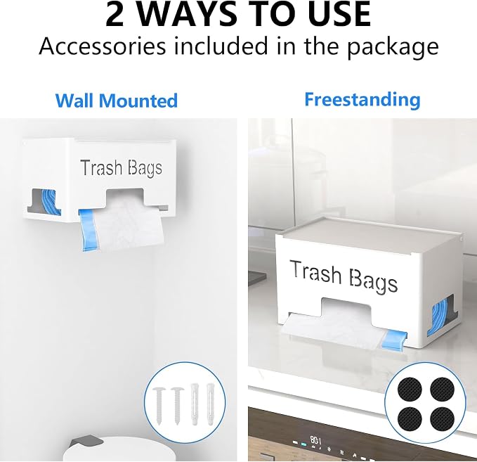 STWWO Large Trash Bag Holder, Garbage Bag Dispenser Roll Holder, White | Trash Bag Storage Organizer for Kitchen Laundry Room Under Sink, Metal Trash Bag Holder Dispenser Wall Mounted /Freestanding