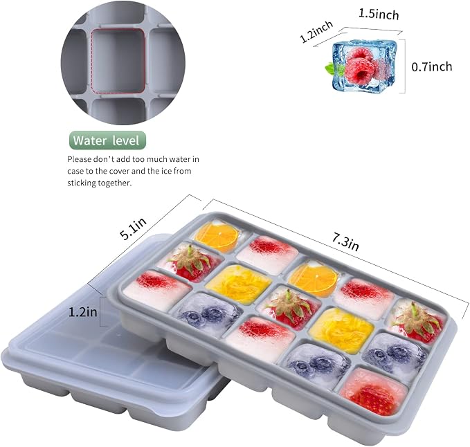 Tvmania Ice Cube Trays Set of 2, 15-Cube Silicone Molds with Removable Lids | Stackable, easy release, BPA-free, reusable, for freezer and whiskey