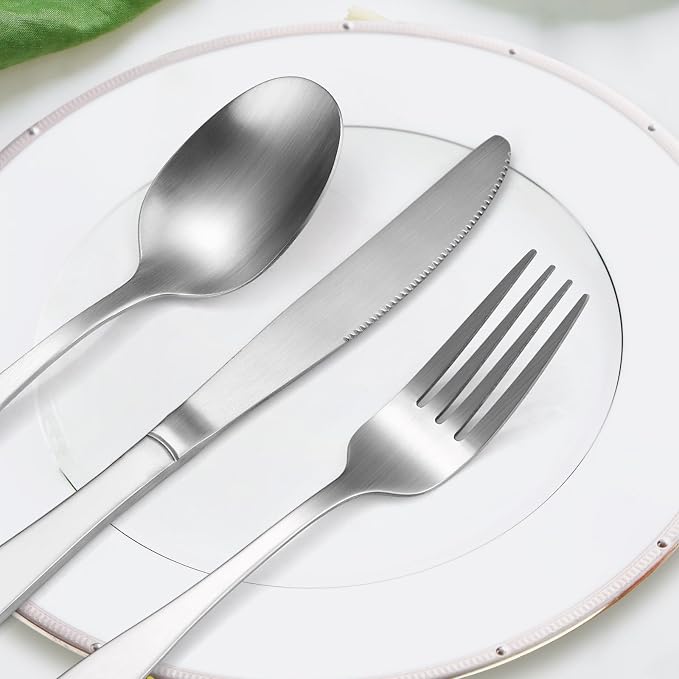 Silver Matte Silverware Square Handle 30 pieces Stainless Steel Cutlery Set for 6 Tableware Modern Eating Utensils for Home Kitchen Bar Restaurant