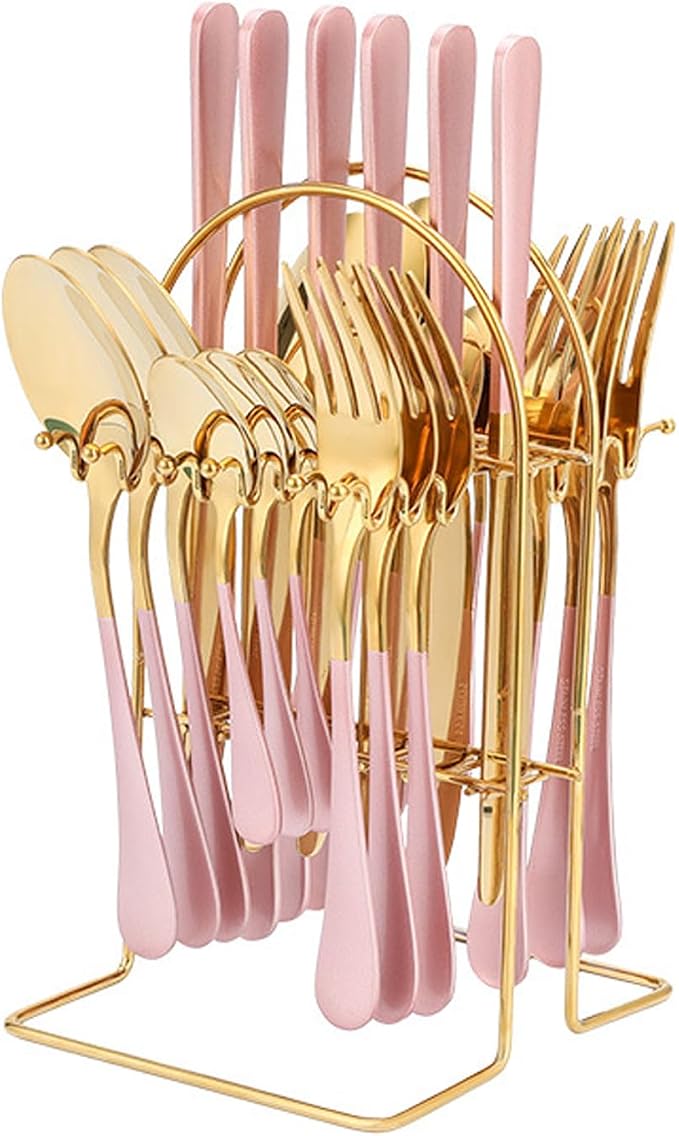 24 Pieces Silverware Set, Stainless Steel Cutlery Set with Holder, Flatware Set for 6 Person Tableware Set Includes Dinner Knives Forks Spoons Teaspoons, Mirror Polished (Pink Gold)